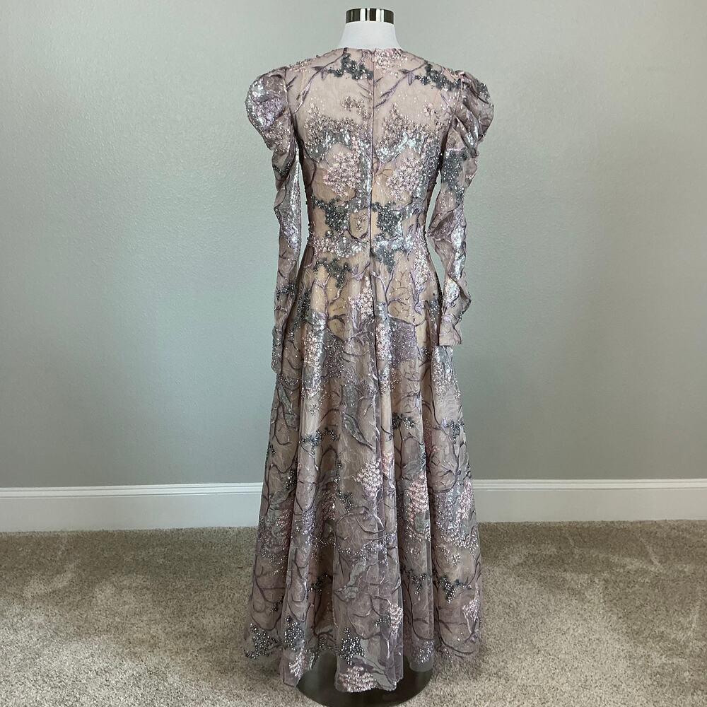 Mac Duggal 20326 Taupe Evening Gown Beaded Lace Long Sleeve Formal Dress Size 8 - Picture 7 of 13